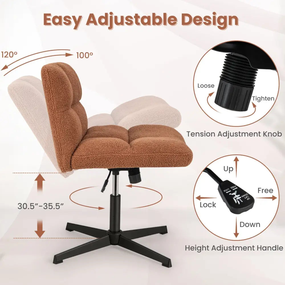 Office Armless Chair Cross Legged with Imitation Lamb Fleece and Adjustable Height-Brown - Brown - Armless Chairs
