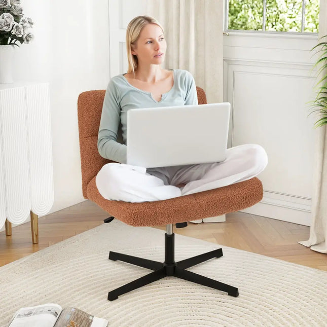 Office Armless Chair Cross Legged with Imitation Lamb Fleece and Adjustable Height-Brown - Brown - Armless Chairs