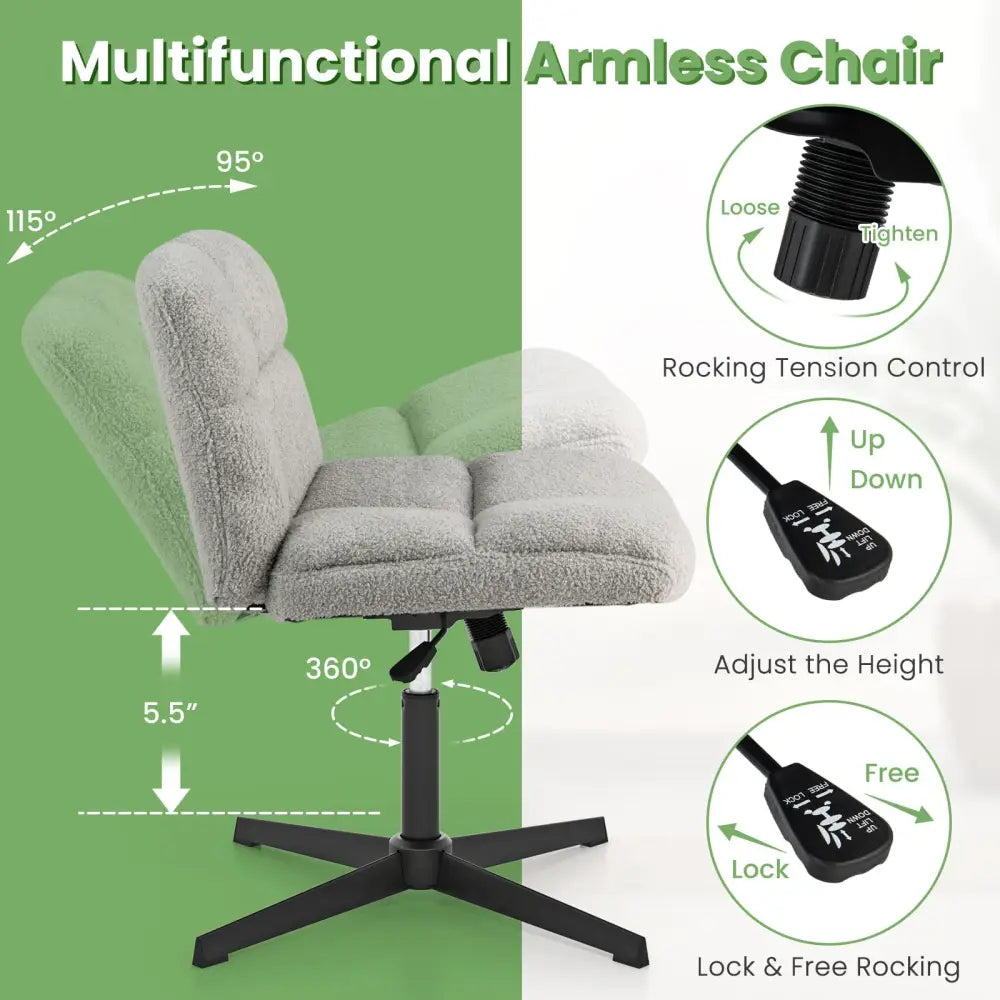 Office Armless Chair Cross Legged with Imitation Lamb Fleece and Adjustable Height-Gray - Gray - Armless Chairs