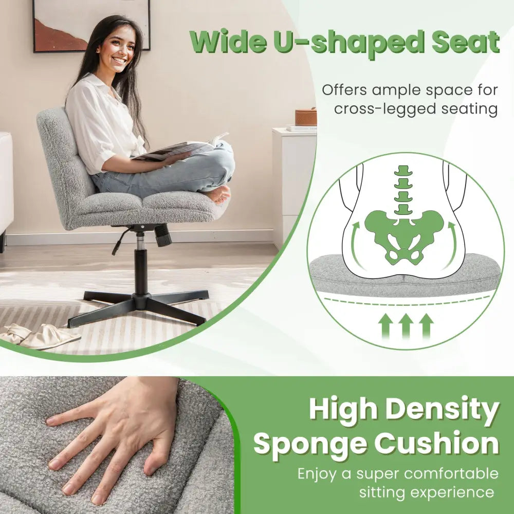 Office Armless Chair Cross Legged with Imitation Lamb Fleece and Adjustable Height-Gray - Gray - Armless Chairs