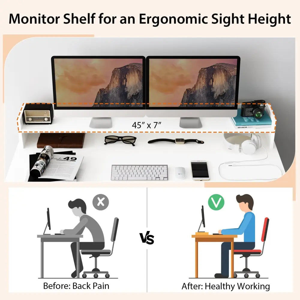 Office Computer Desk with Dual 3 Tier Bookshelf and Monitor Shelf-White - White - Computer Desks