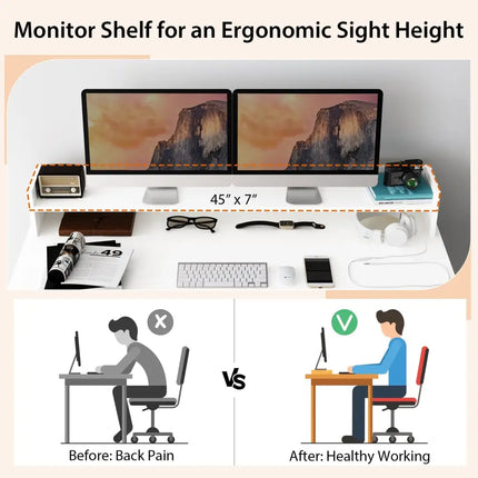 Office Computer Desk with Dual 3 Tier Bookshelf and Monitor Shelf-White - White - Computer Desks
