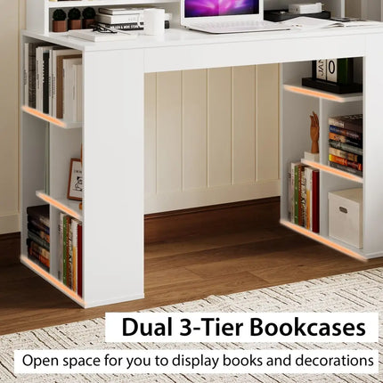Office Computer Desk with Dual 3 Tier Bookshelf and Monitor Shelf-White - White - Computer Desks