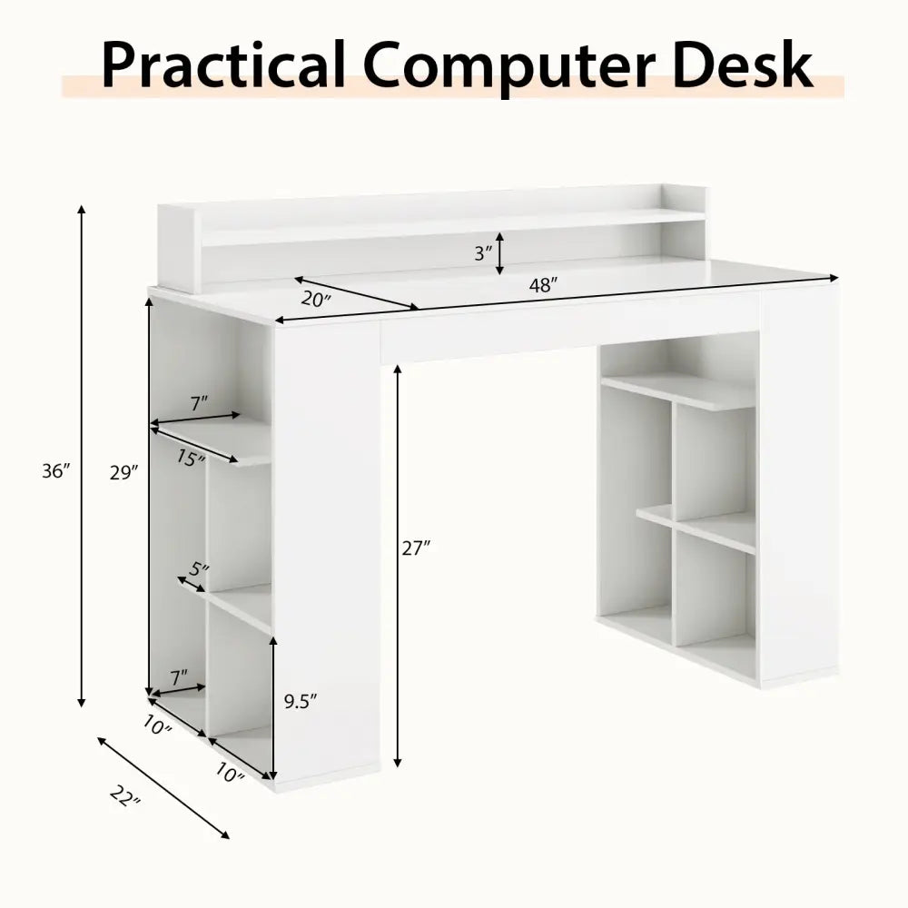 Office Computer Desk with Dual 3 Tier Bookshelf and Monitor Shelf-White - White - Computer Desks