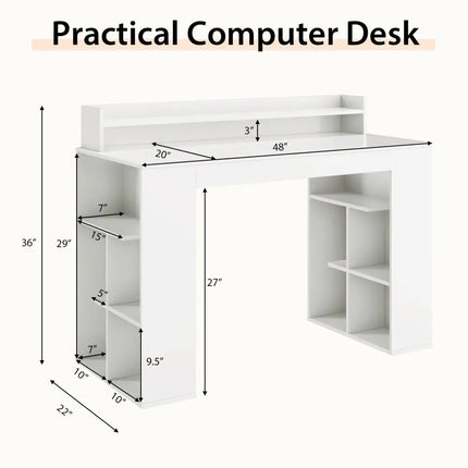 Office Computer Desk with Dual 3 Tier Bookshelf and Monitor Shelf-White - White - Computer Desks