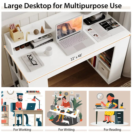 Office Computer Desk with Dual 3 Tier Bookshelf and Monitor Shelf-White - White - Computer Desks