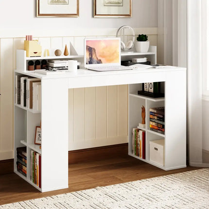 Office Computer Desk with Dual 3 Tier Bookshelf and Monitor Shelf-White - White - Computer Desks