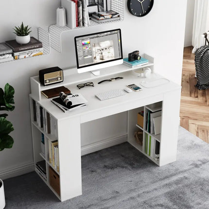 Office Computer Desk with Dual 3 Tier Bookshelf and Monitor Shelf-White - White - Computer Desks