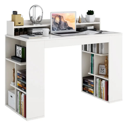 Office Computer Desk with Dual 3 Tier Bookshelf and Monitor Shelf-White - White - Computer Desks