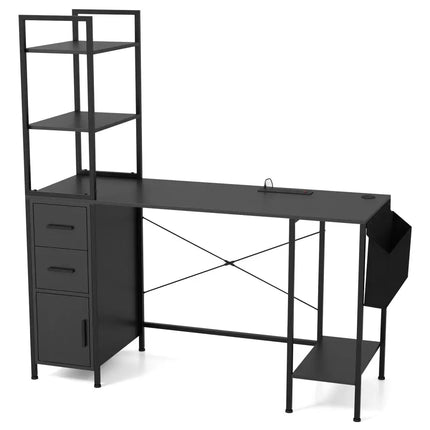 Office Desk with LED Lights and Power Outlets Computer Desk with Open Shelves-Black - Black - Computer Desks