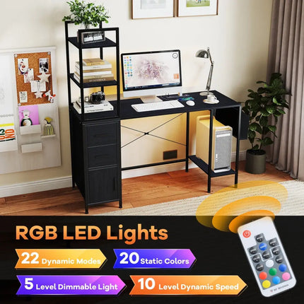 Office Desk with LED Lights and Power Outlets Computer Desk with Open Shelves-Black - Black - Computer Desks