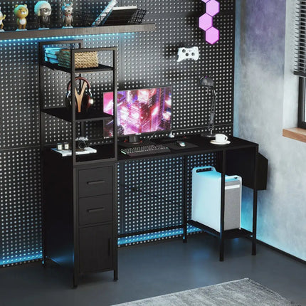 Office Desk with LED Lights and Power Outlets Computer Desk with Open Shelves-Black - Black - Computer Desks