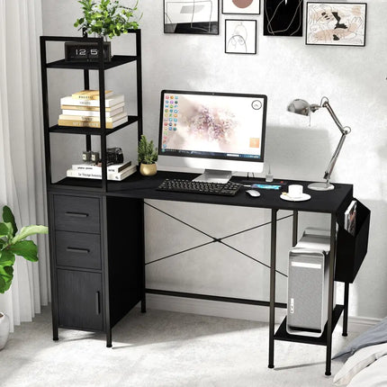 Office Desk with LED Lights and Power Outlets Computer Desk with Open Shelves-Black - Black - Computer Desks