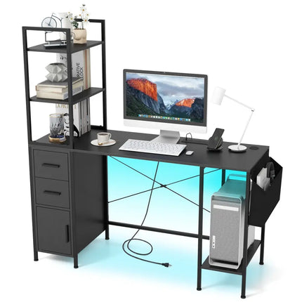 Office Desk with LED Lights and Power Outlets Computer Desk with Open Shelves-Black - Black - Computer Desks