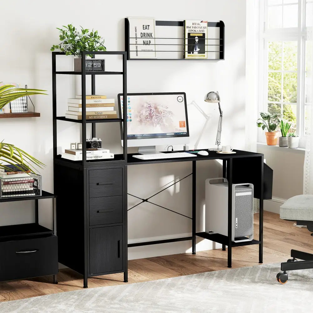 Office Desk with LED Lights and Power Outlets Computer Desk with Open Shelves-Black - Black - Computer Desks
