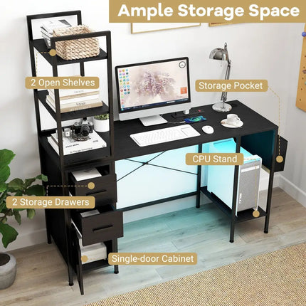 Office Desk with LED Lights and Power Outlets Computer Desk with Open Shelves-Black - Black - Computer Desks