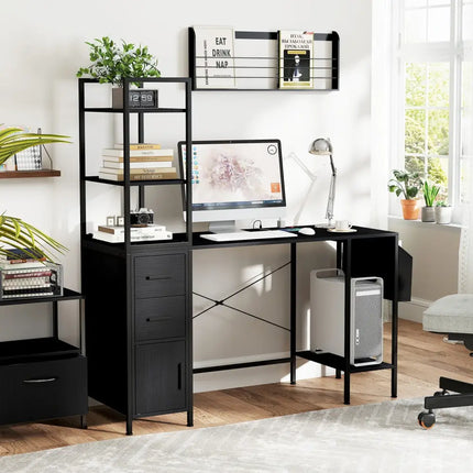 Office Desk with LED Lights and Power Outlets Computer Desk with Open Shelves-Black - Black - Computer Desks