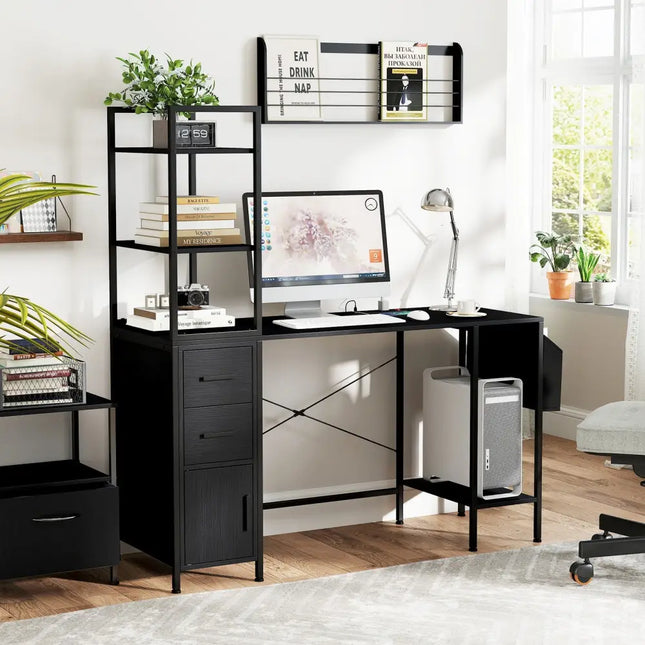 Office Desk with LED Lights and Power Outlets Computer Desk with Open Shelves-Black - Black - Computer Desks