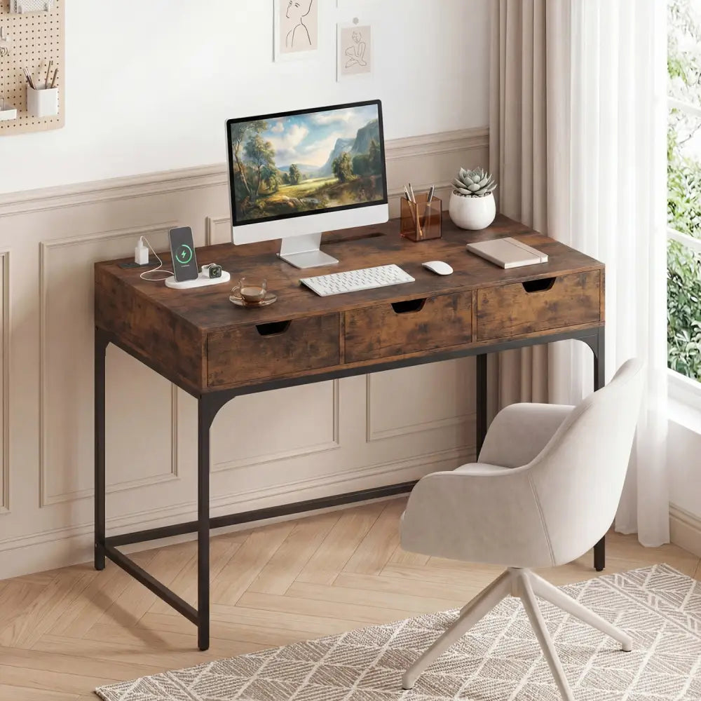 Office Desk with Power Outlets and Hidden Compartment for Study-Rustic Brown - Rustic Brown - Office Desks