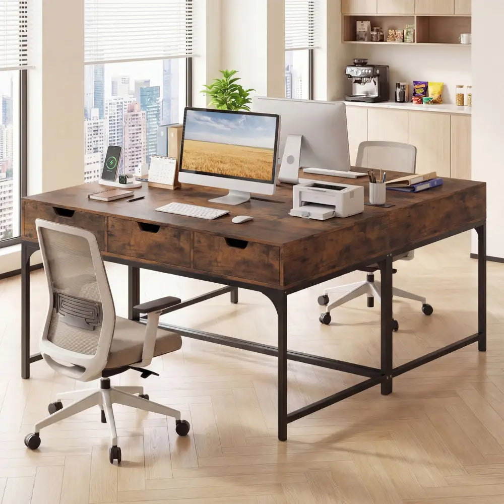 Office Desk with Power Outlets and Hidden Compartment for Study-Rustic Brown - Rustic Brown - Office Desks