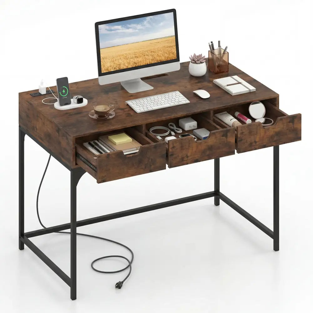 Office Desk with Power Outlets and Hidden Compartment for Study-Rustic Brown - Rustic Brown - Office Desks