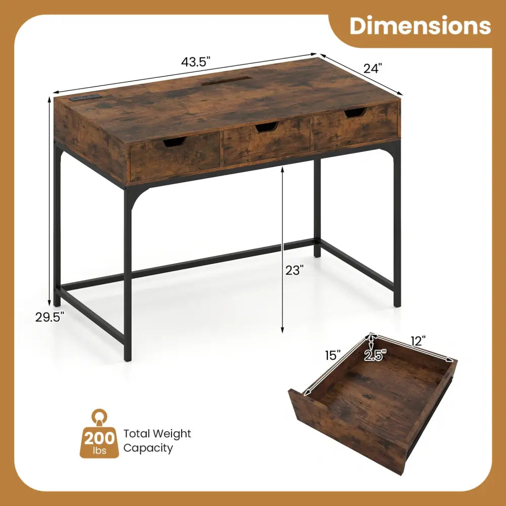 Office Desk with Power Outlets and Hidden Compartment for Study-Rustic Brown - Rustic Brown - Office Desks