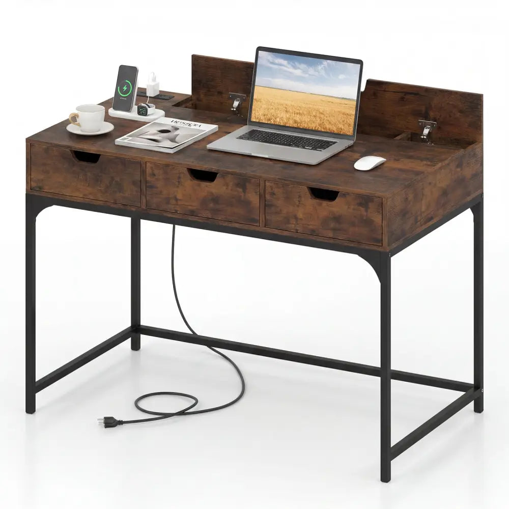 Office Desk with Power Outlets and Hidden Compartment for Study-Rustic Brown - Rustic Brown - Office Desks
