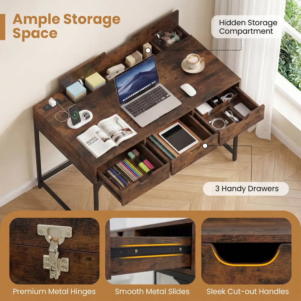 Office Desk with Power Outlets and Hidden Compartment for Study-Rustic Brown - Rustic Brown - Office Desks