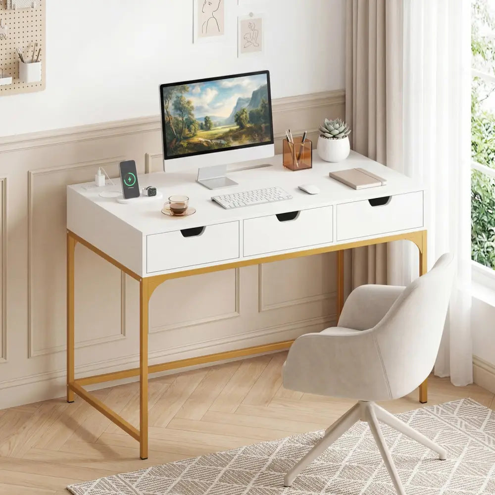 Office Desk with Power Outlets and Hidden Compartment for Study-White - White - Office Desks