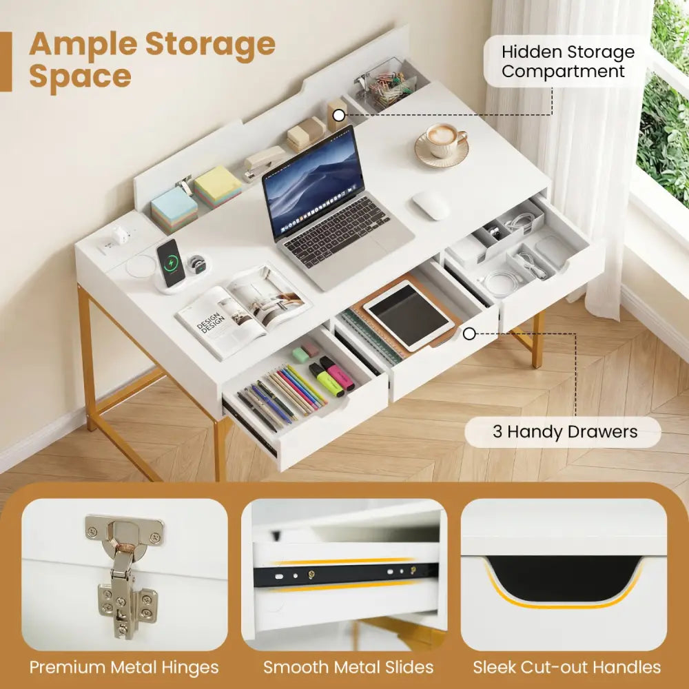 Office Desk with Power Outlets and Hidden Compartment for Study-White - White - Office Desks