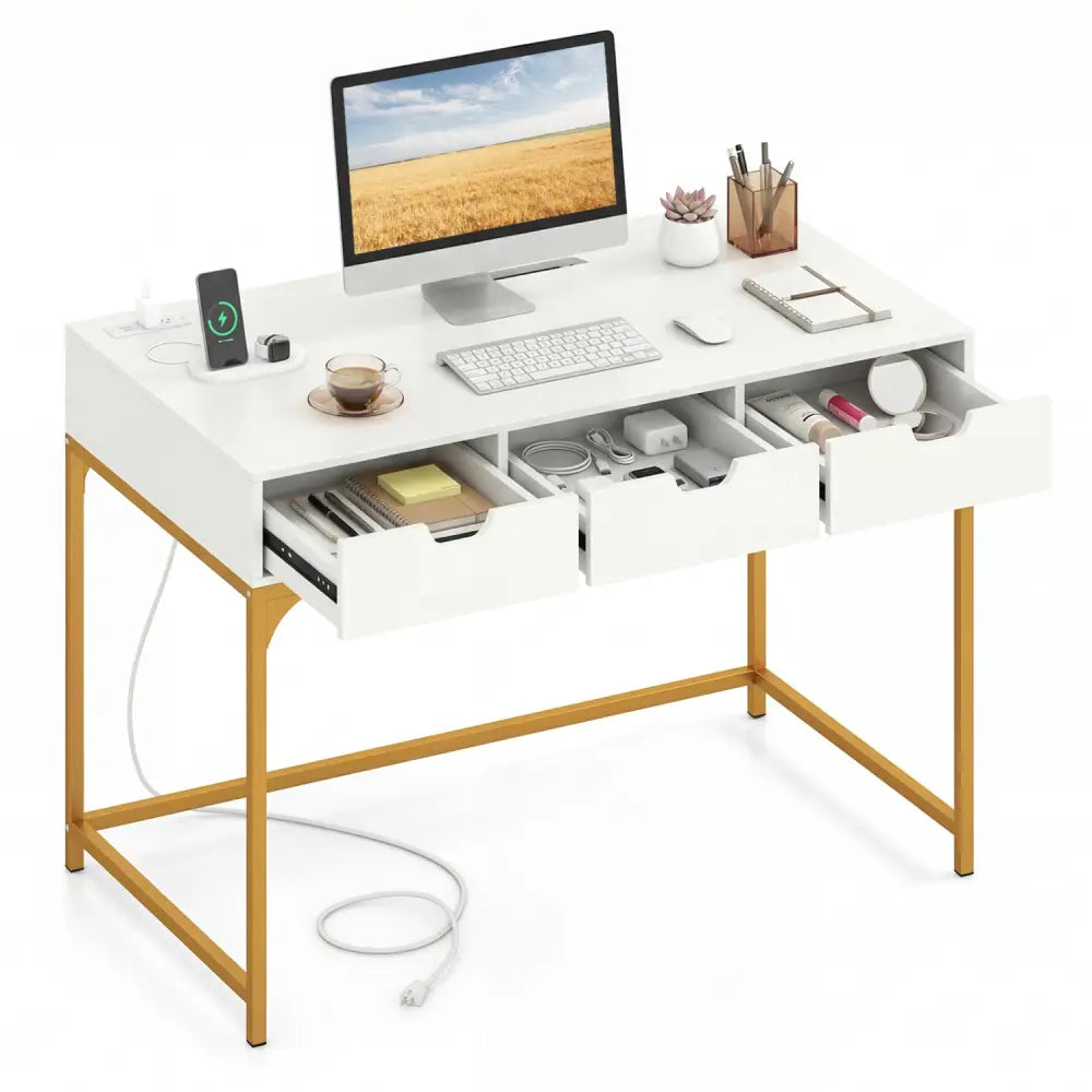 Office Desk with Power Outlets and Hidden Compartment for Study-White - White - Office Desks