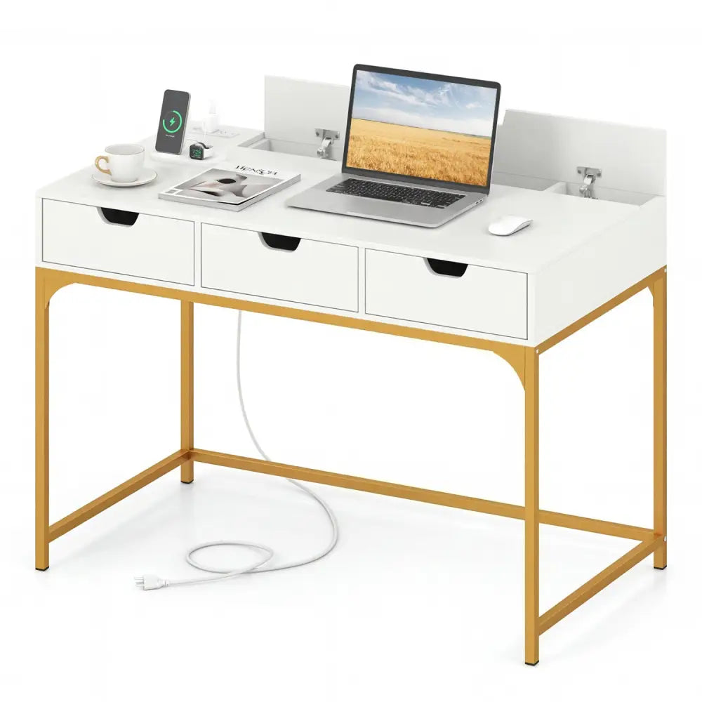 Office Desk with Power Outlets and Hidden Compartment for Study-White - White - Office Desks