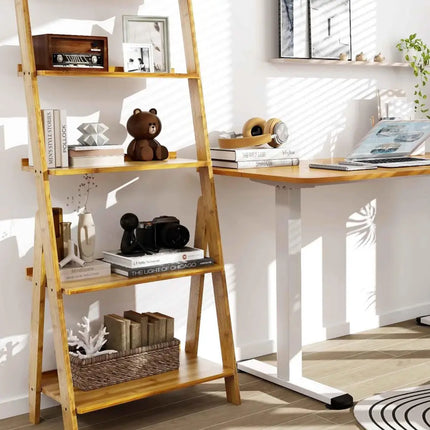 Office Set with 5-Tier Bamboo Ladder Shelf and Electric Standing Computer Desk - Home Office