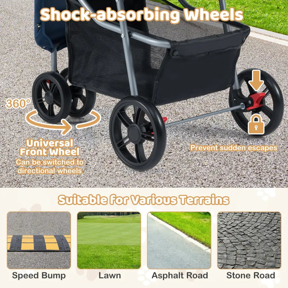 One-Click Folding Pet Stroller Lightweight Cat Strolling Cart with Adjustable Canopy-Navy - Navy - Dog Supplies