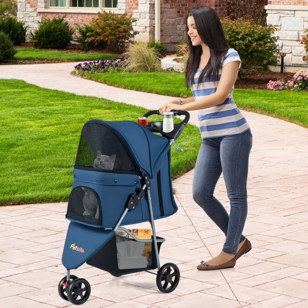 One-Click Folding Pet Stroller Lightweight Cat Strolling Cart with Adjustable Canopy-Navy - Navy - Dog Supplies