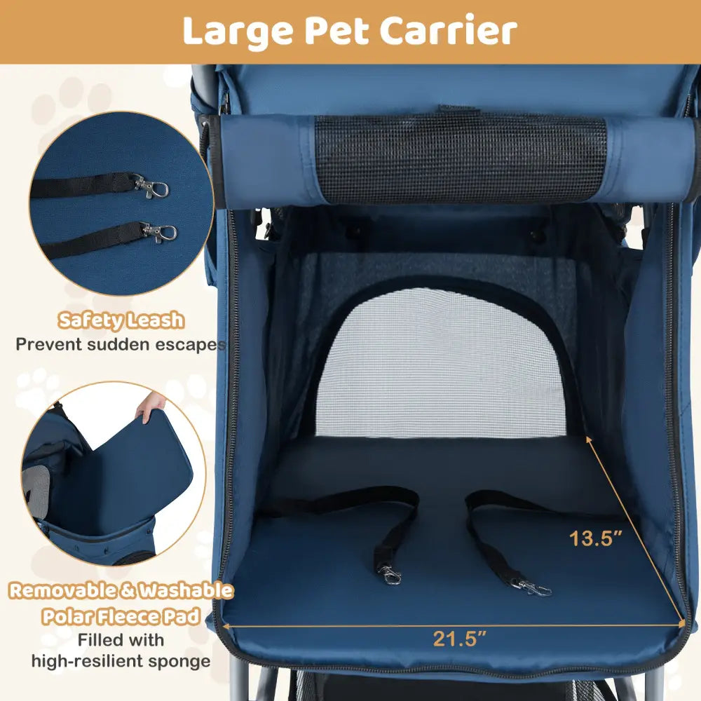 One-Click Folding Pet Stroller Lightweight Cat Strolling Cart with Adjustable Canopy-Navy - Navy - Dog Supplies