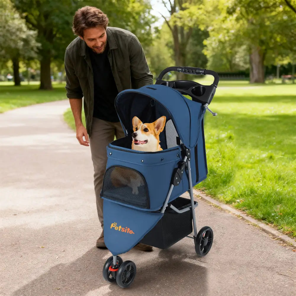One-Click Folding Pet Stroller Lightweight Cat Strolling Cart with Adjustable Canopy-Navy - Navy - Dog Supplies