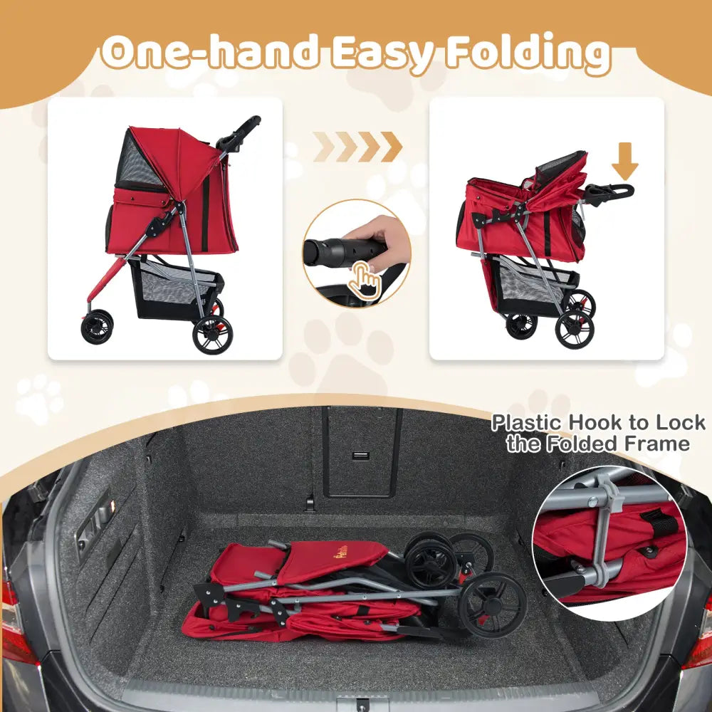 One-Click Folding Pet Stroller Lightweight Cat Strolling Cart with Adjustable Canopy-Red - Red - Dog Supplies