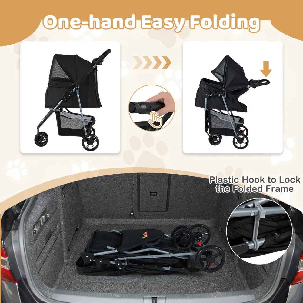 One-Click Folding Pet Stroller Lightweight Cat Strolling Cart with Adjustable Canopy-Black - Black - Dog Supplies