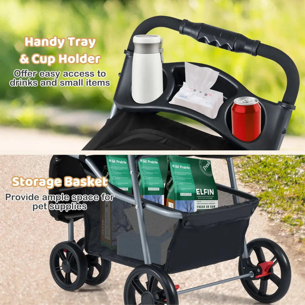 One-Click Folding Pet Stroller Lightweight Cat Strolling Cart with Adjustable Canopy-Black - Black - Dog Supplies
