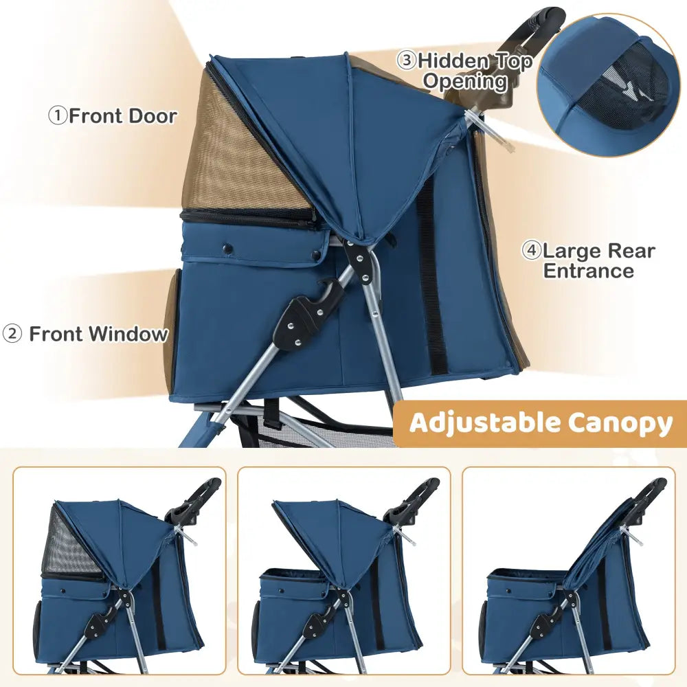 One-Click Folding Pet Stroller Lightweight Cat Strolling Cart with Adjustable Canopy-Navy - Navy - Dog Supplies