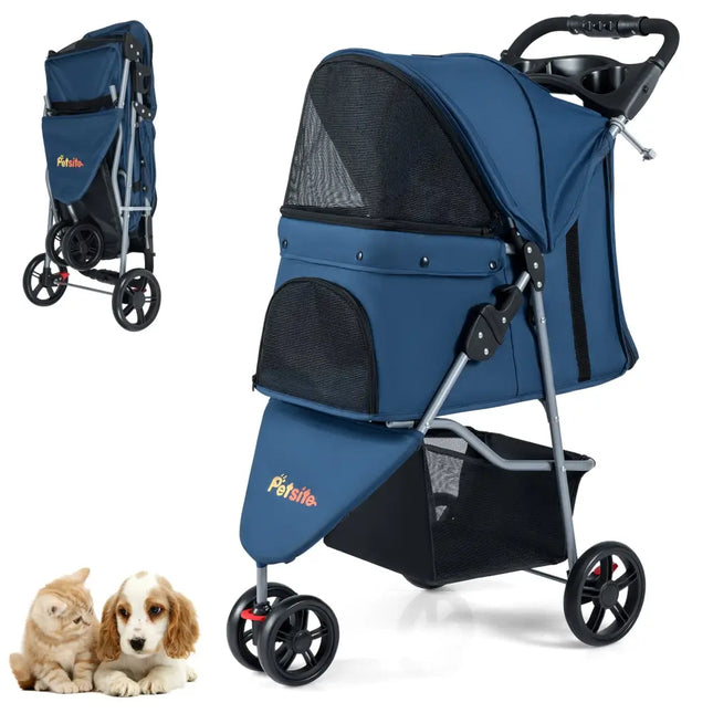 One-Click Folding Pet Stroller Lightweight Cat Strolling Cart with Adjustable Canopy-Navy - Navy - Dog Supplies