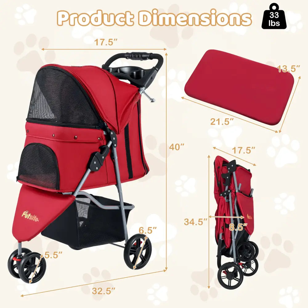 One-Click Folding Pet Stroller Lightweight Cat Strolling Cart with Adjustable Canopy-Red - Red - Dog Supplies