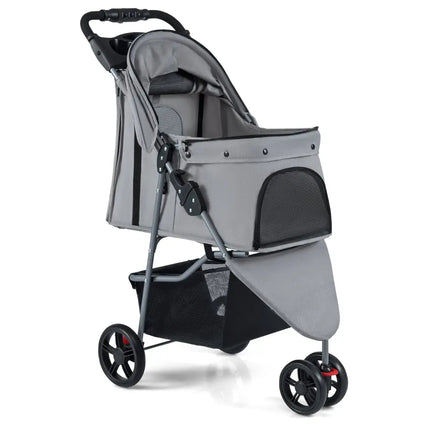 One-Click Folding Pet Stroller Lightweight Cat Strolling Cart with Adjustable Canopy-Gray - Gray - Dog Supplies