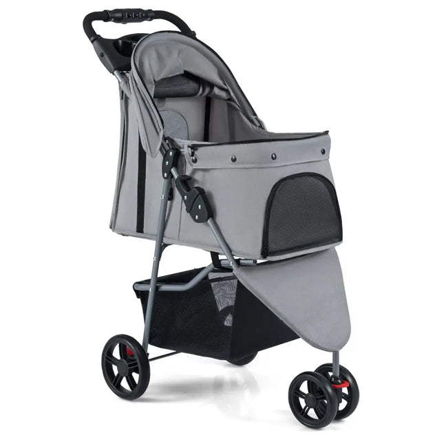One-Click Folding Pet Stroller Lightweight Cat Strolling Cart with Adjustable Canopy-Gray - Gray - Dog Supplies