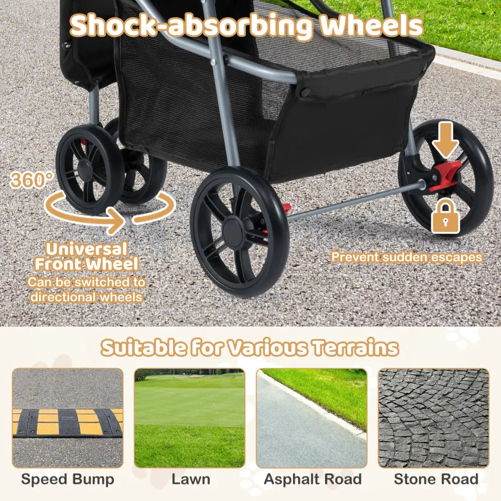 One-Click Folding Pet Stroller Lightweight Cat Strolling Cart with Adjustable Canopy-Black - Black - Dog Supplies