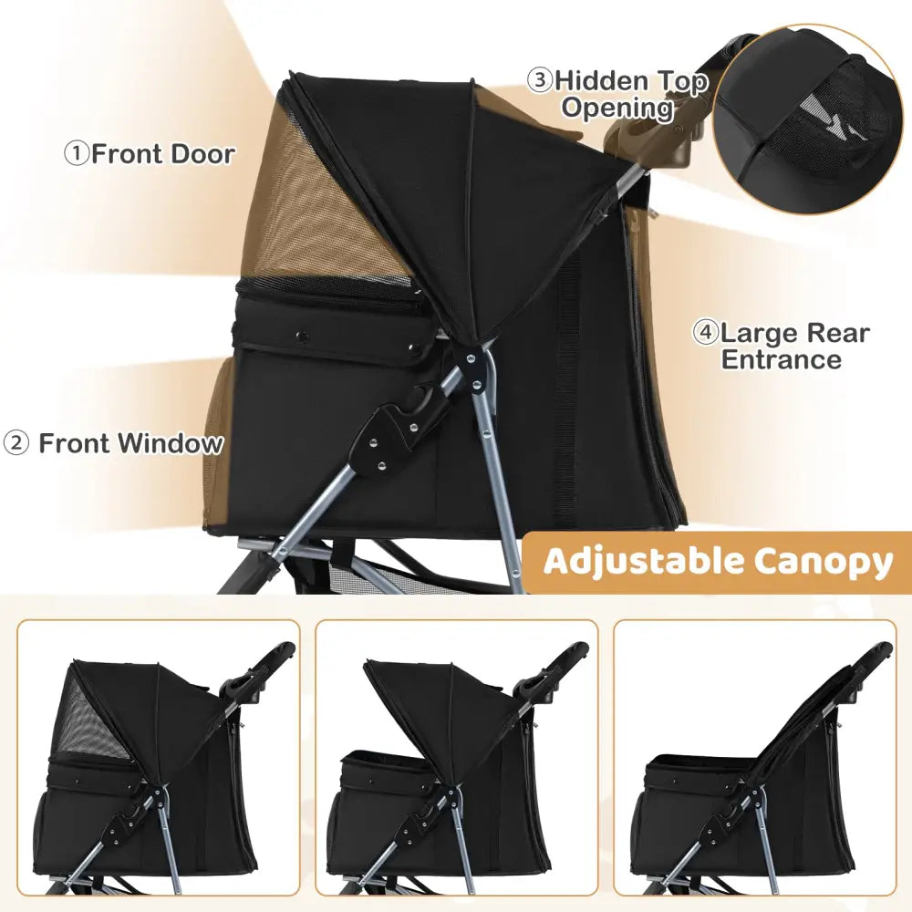 One-Click Folding Pet Stroller Lightweight Cat Strolling Cart with Adjustable Canopy-Black - Black - Dog Supplies