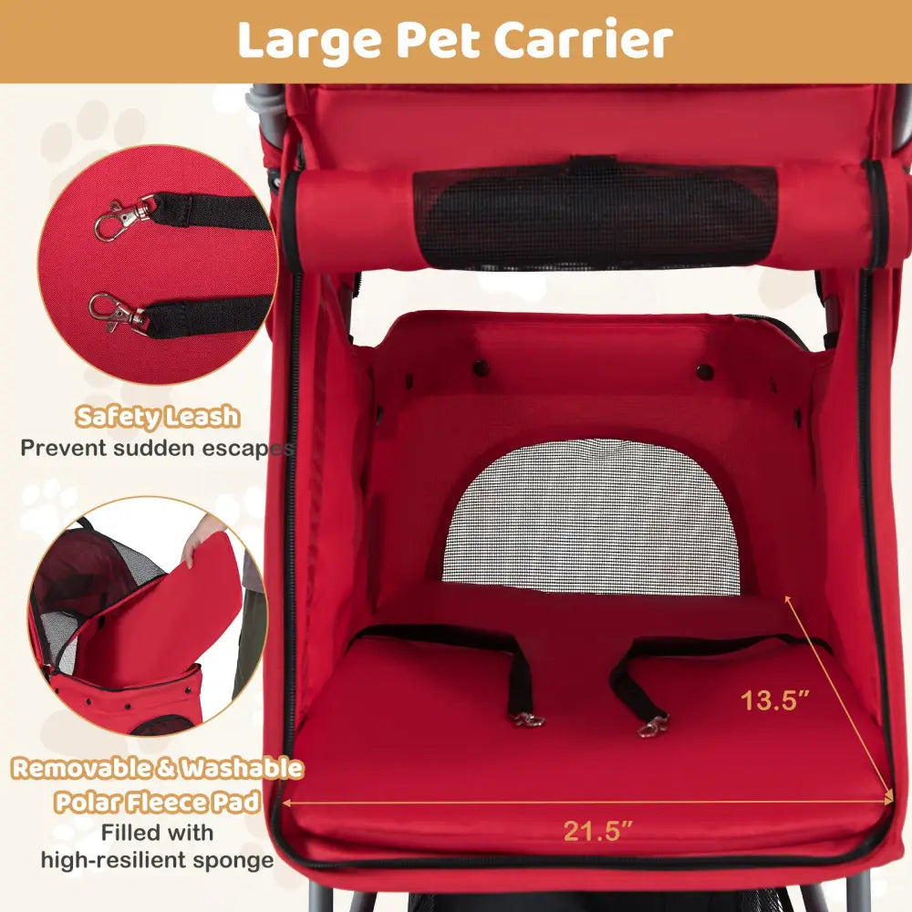 One-Click Folding Pet Stroller Lightweight Cat Strolling Cart with Adjustable Canopy-Red - Red - Dog Supplies