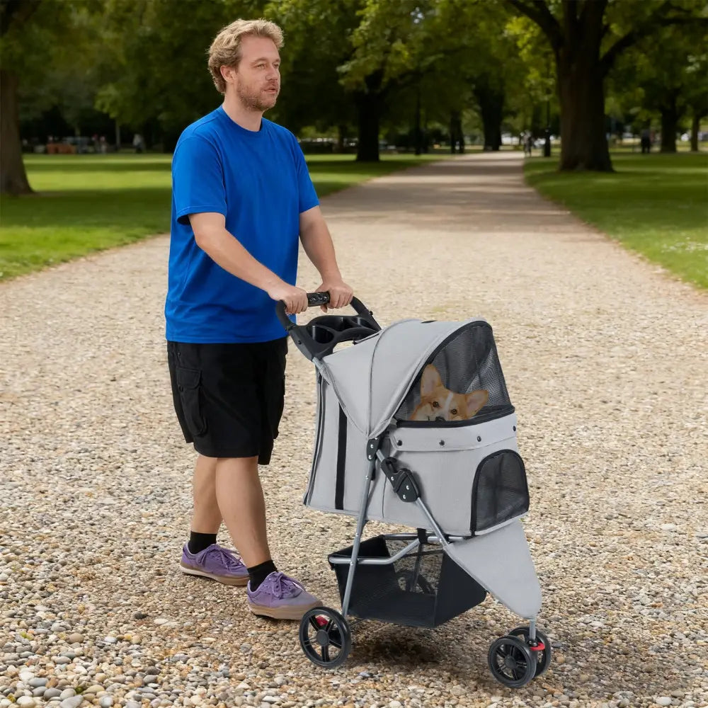 One-Click Folding Pet Stroller Lightweight Cat Strolling Cart with Adjustable Canopy-Gray - Gray - Dog Supplies