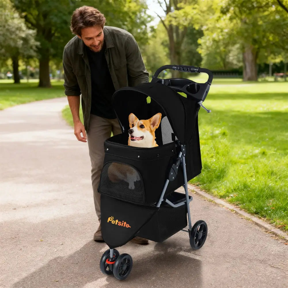 One-Click Folding Pet Stroller Lightweight Cat Strolling Cart with Adjustable Canopy-Black - Black - Dog Supplies